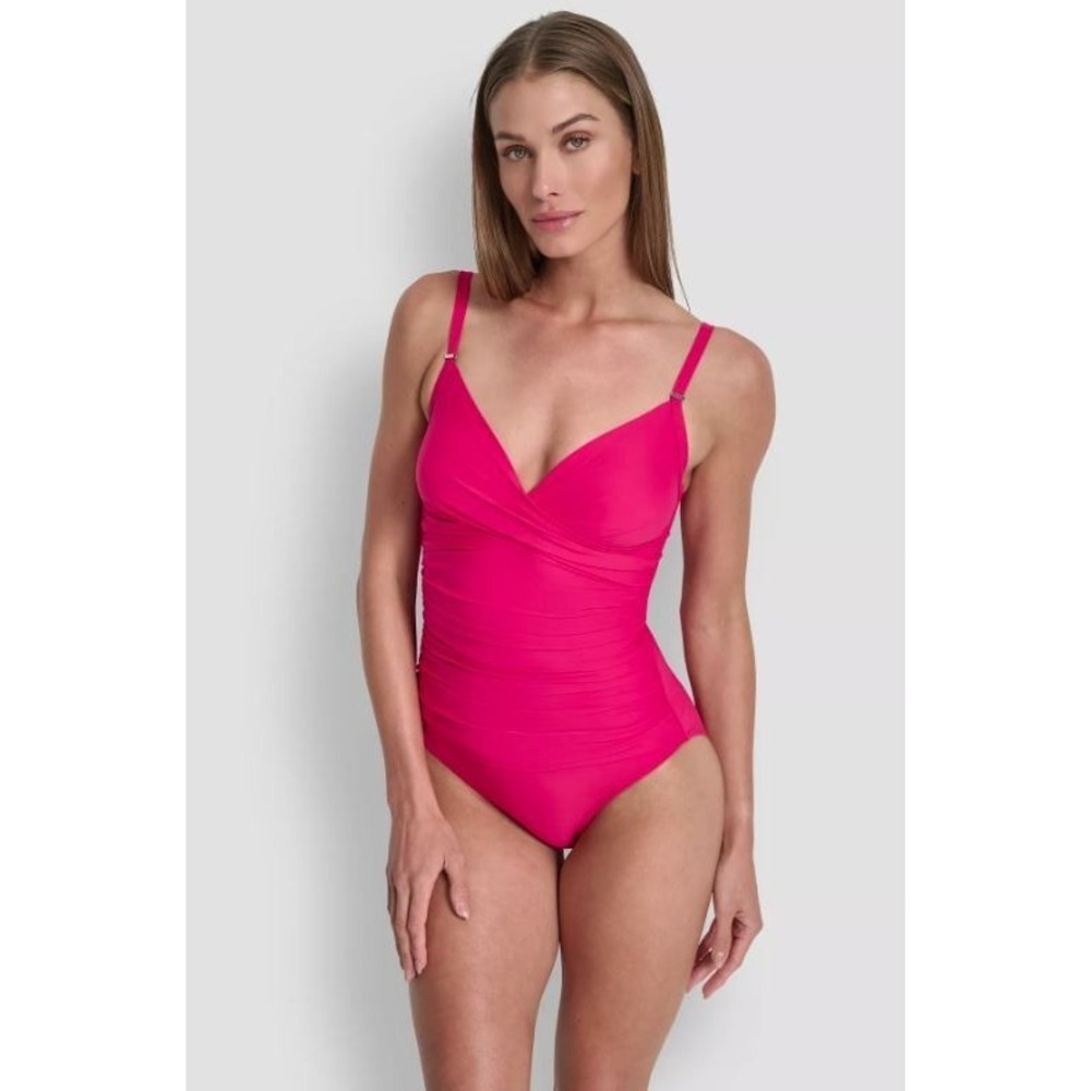 DKNY Women's Crossover Tummy Control Ruched One-Piece Swimsuit Amalfi‎ Pink XL